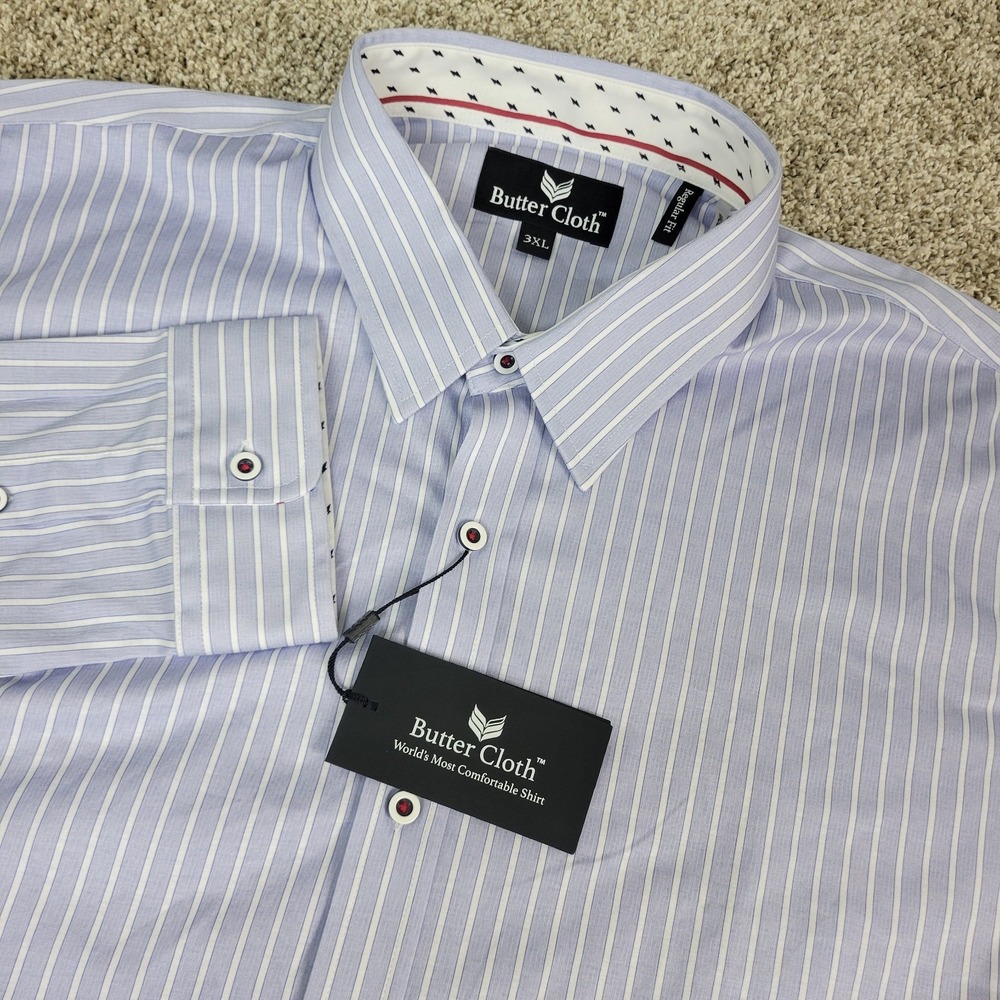 NWT Buttercloth Regular Fit Mens 3XL Blue White Striped Button‎ Up Long Sleeve